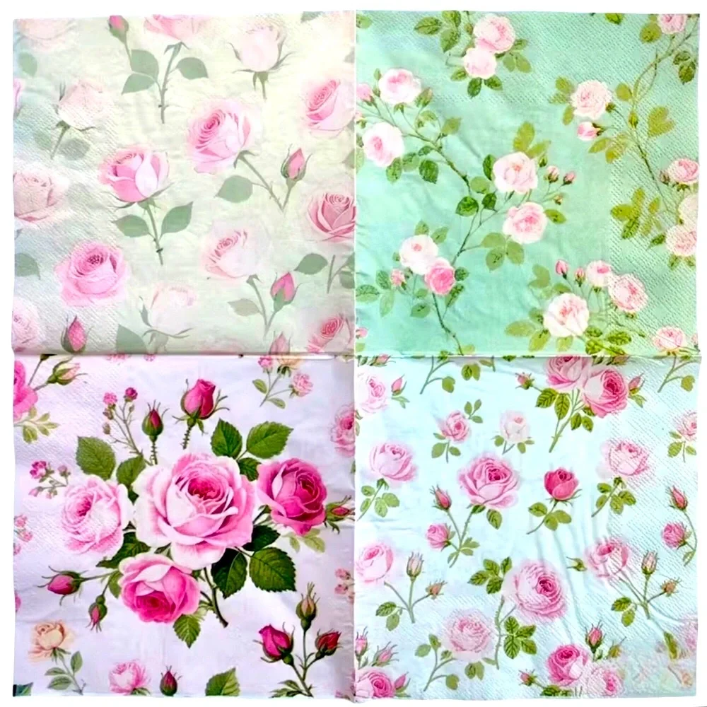Set of 20 Four Unique Designs of Roses in One Floral Luncheon Napkins
